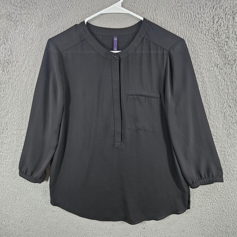 NYDJ Womens Black Band Collar 3/4 Sleeve Pleated Back Blouse Top Size Small